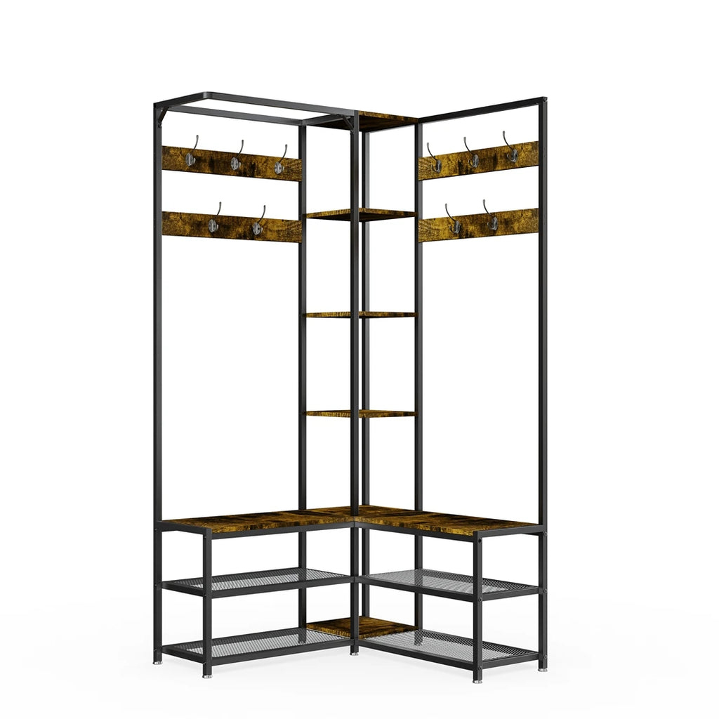 Heavy Duty Hall Tree Coat Rack with Shoe Bench and Shelves Freestanding Entryway Organizer - Black