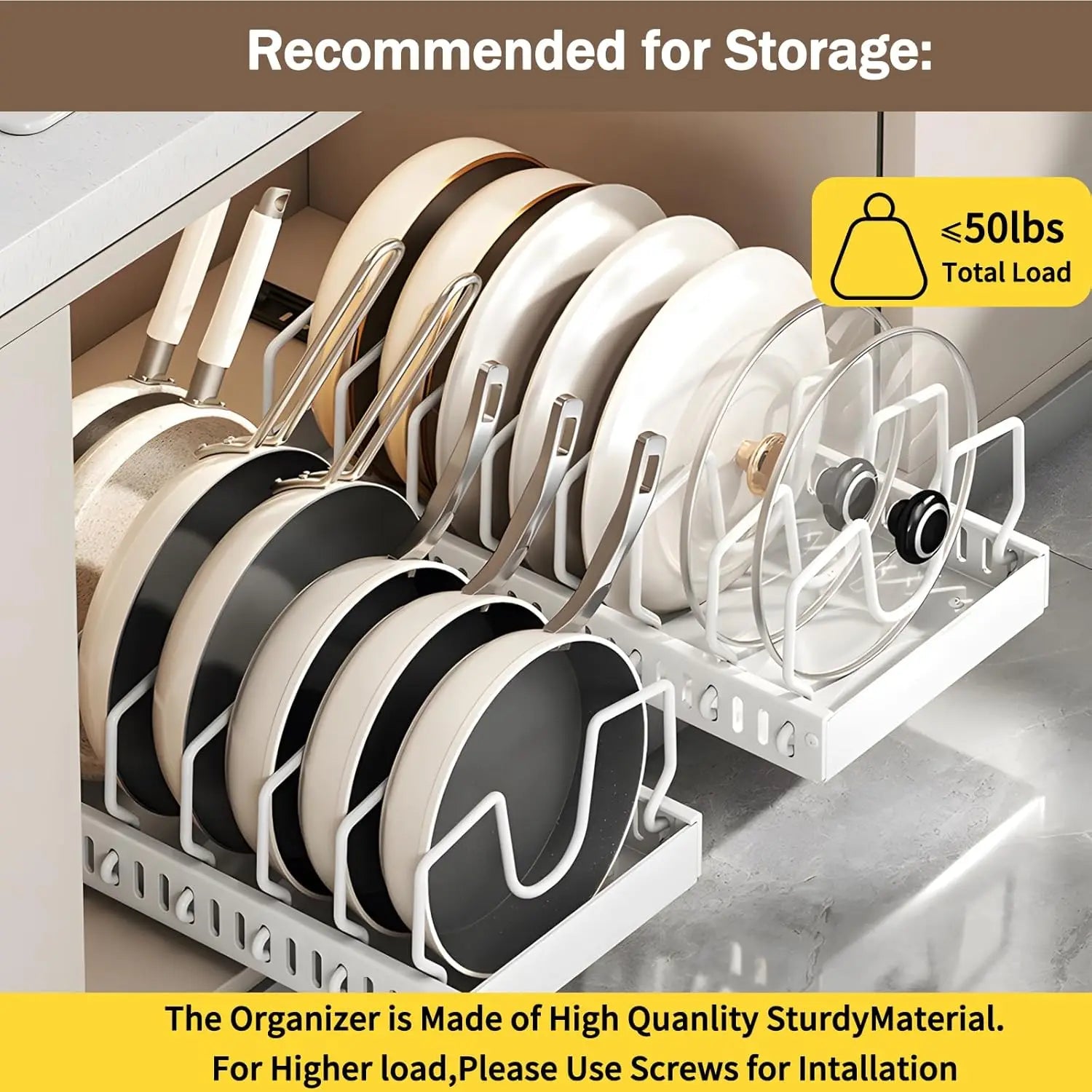Pull Out Pots and Pans Organizer with Adjustable Dividers Stainless Steel Under Cabinet Storage - White