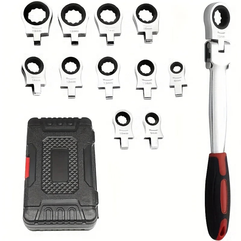 Ratchet Wrench Set Portable Multi Function Chrome Vanadium Steel 13 Piece Interchangeable Head Tool Kit