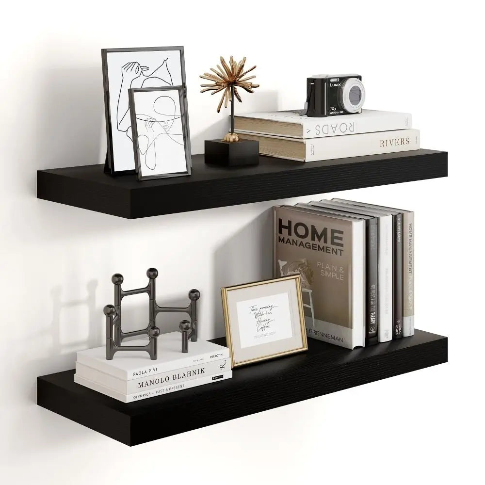 Floating Shelf Wooden Wall Mounted Storage Shelf with Iron Bracket - Black