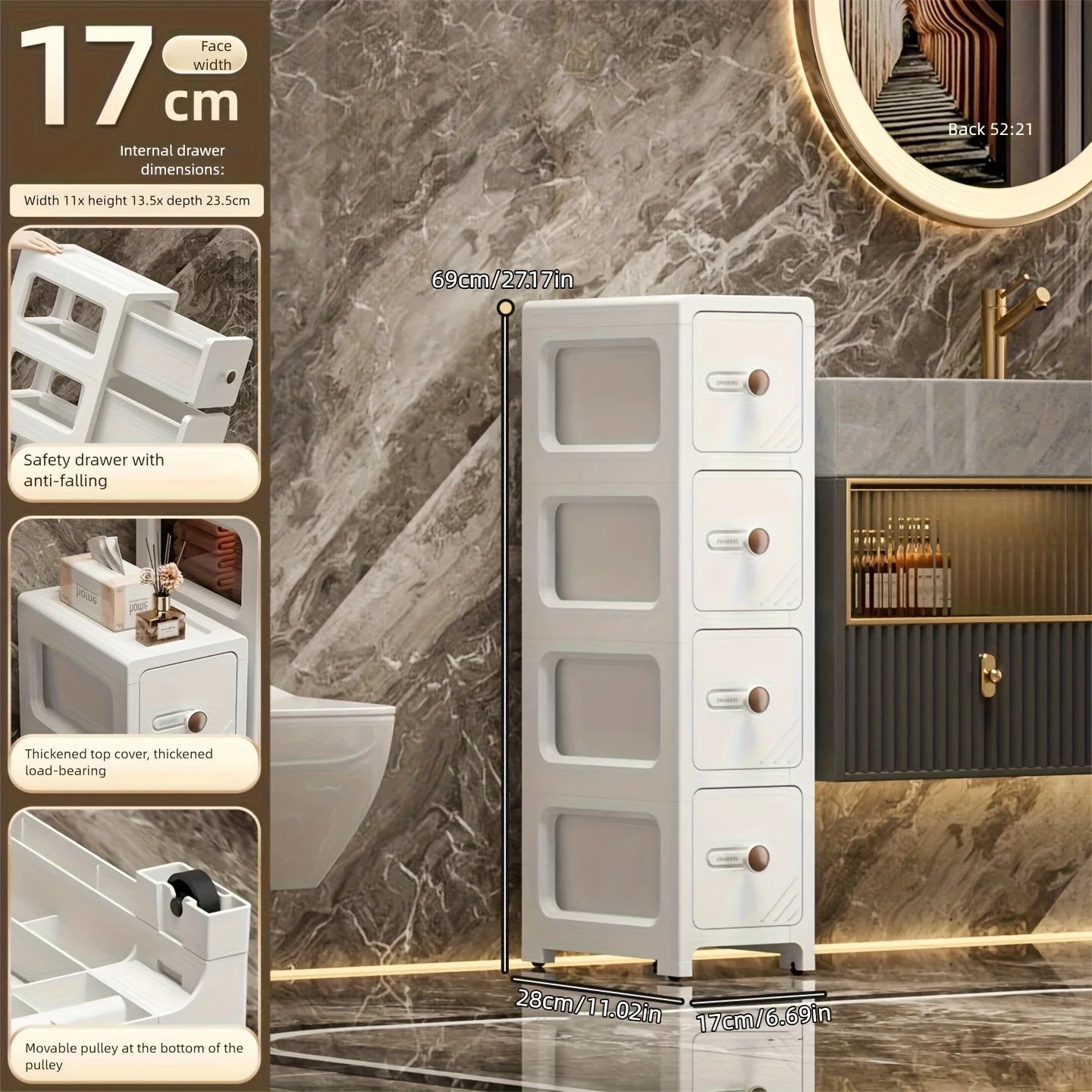 Storage Cabinet 17cm Slim Drawer Type Multi Layer Organizer 4 Tier Narrow Rack - White