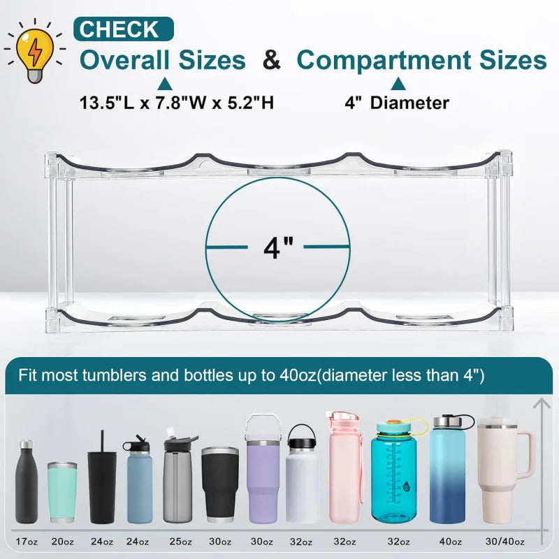 3 Tier Stackable Water Bottle Storage Rack Large Capacity Cup & Tumbler Organiser – Holds 9 Bottles