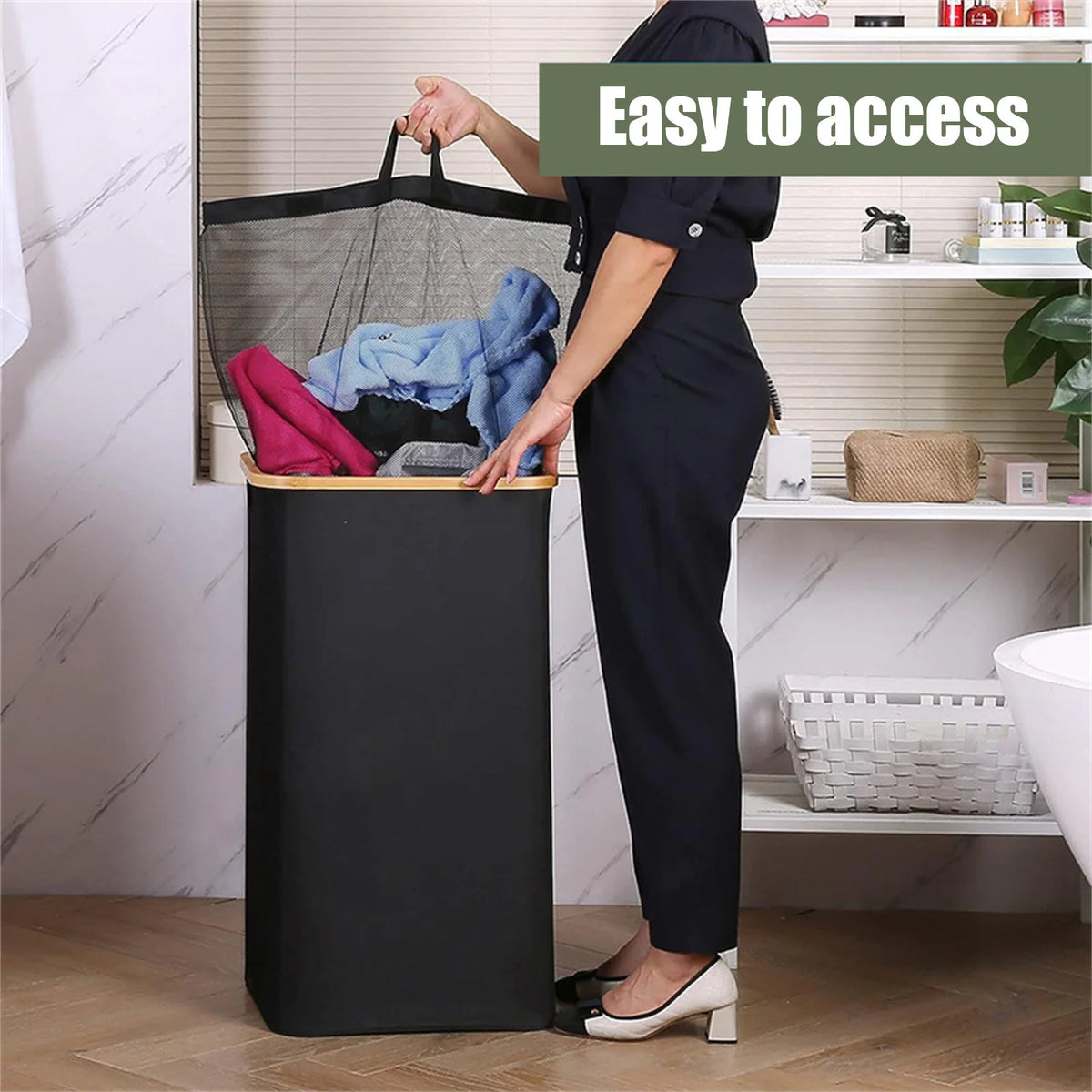 Laundry Basket 100L Foldable Clothes Hamper with Lid and Removable Inner Bag - Grey