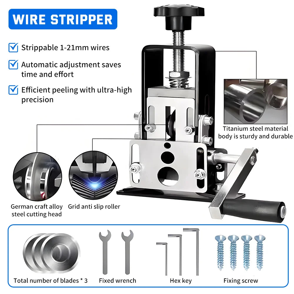 Wire Stripper Portable Heavy Duty Manual Wire Stripping Tool 1-70mm² Three Blade Hand Crank Cutter