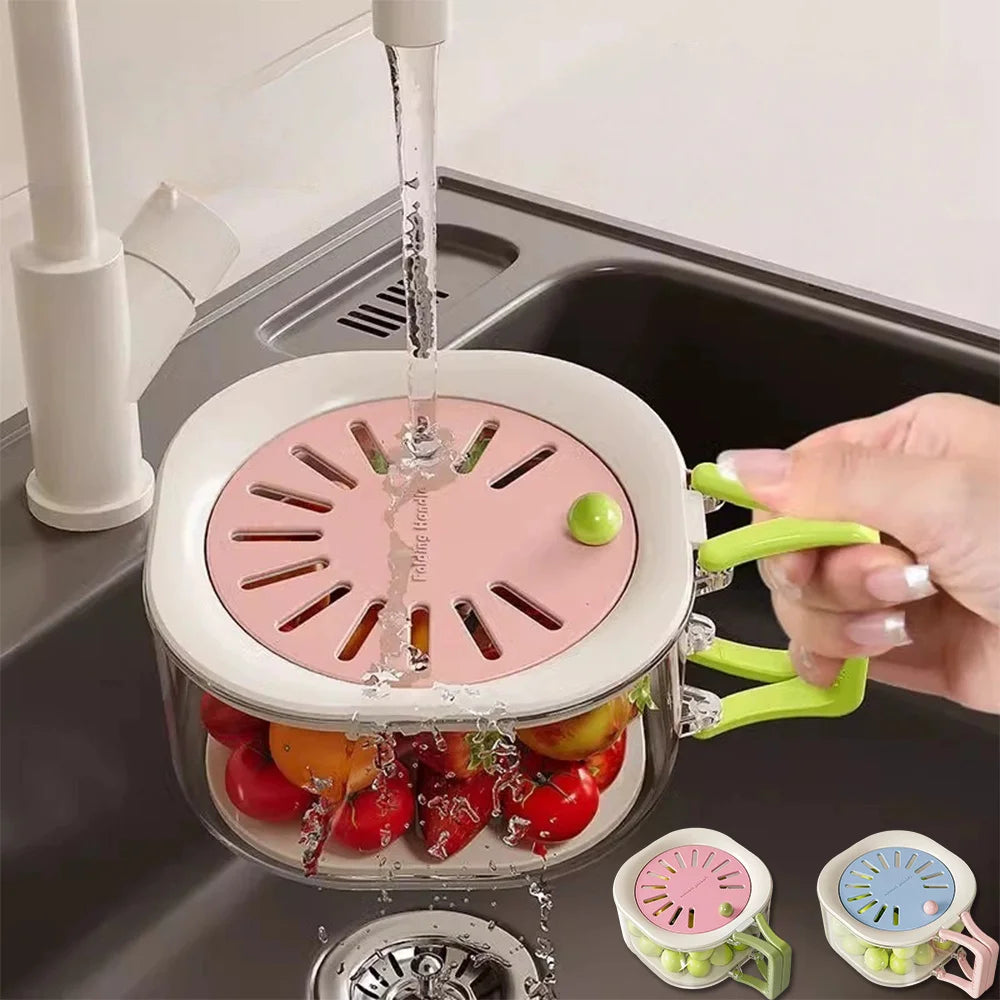 2 Layer Kitchen Colander and Fruit Strainer with Lid Multifunctional Vegetable Washing Bowl with Handle – Blue