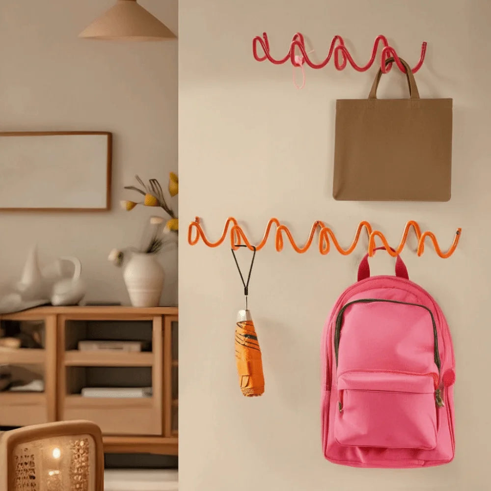 5 Hook Wavy Metal Wall Hook Rack Minimalist Wall Mounted Clothes Key Holder Organizer 40cm – Red