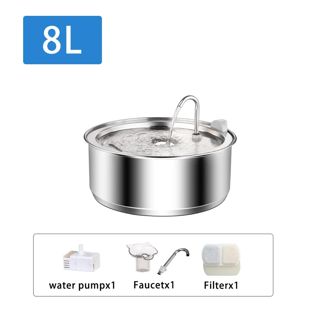 Pet Water Fountain 8L Stainless Steel Automatic Drinking Fountain with Dual Flow Outlet and Filter Set