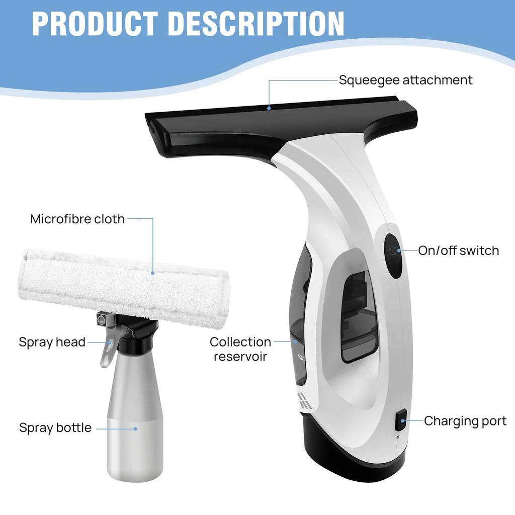 Window Cleaner 2200mAh Cordless Glass Vacuum Wiper with Spray Bottle and Water Tank