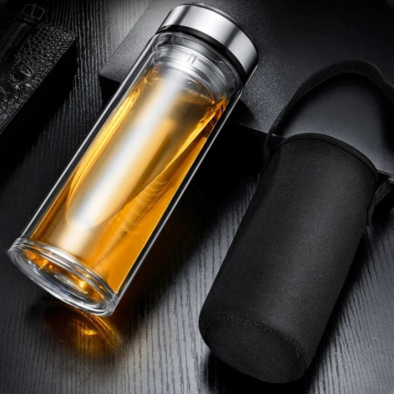 Glass Tea Bottle 1000mL Double Wall Infuser Portable Drinking Cup with Stainless Steel Lid