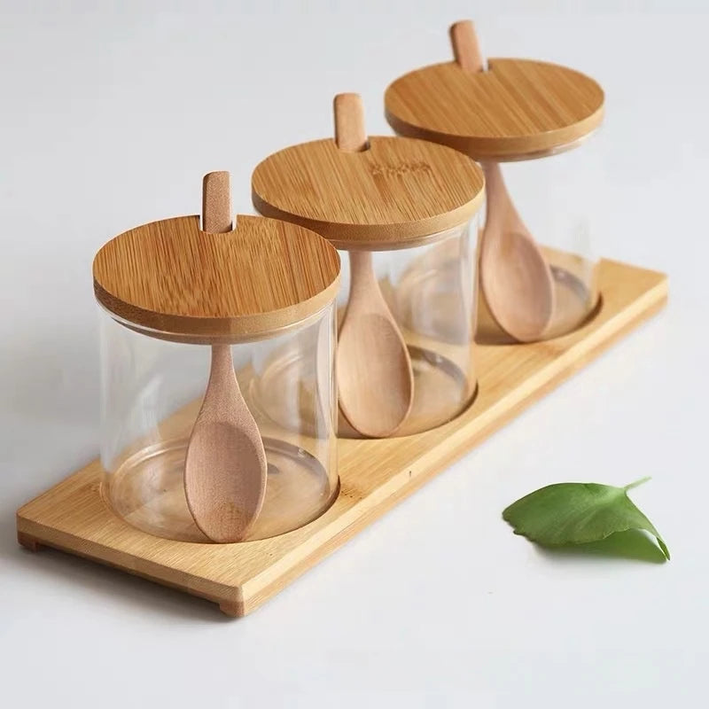 Spice Jar Set 3 Piece Glass 30 cm Bamboo Lid Containers with Spoons for Salt Sugar and Seasonings