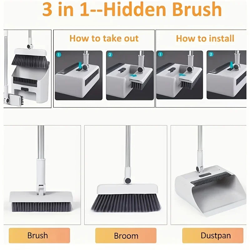 Broom and Dustpan Set 3-in-1 with Gap Cleaning Brush Compact Household Cleaning Tool - White