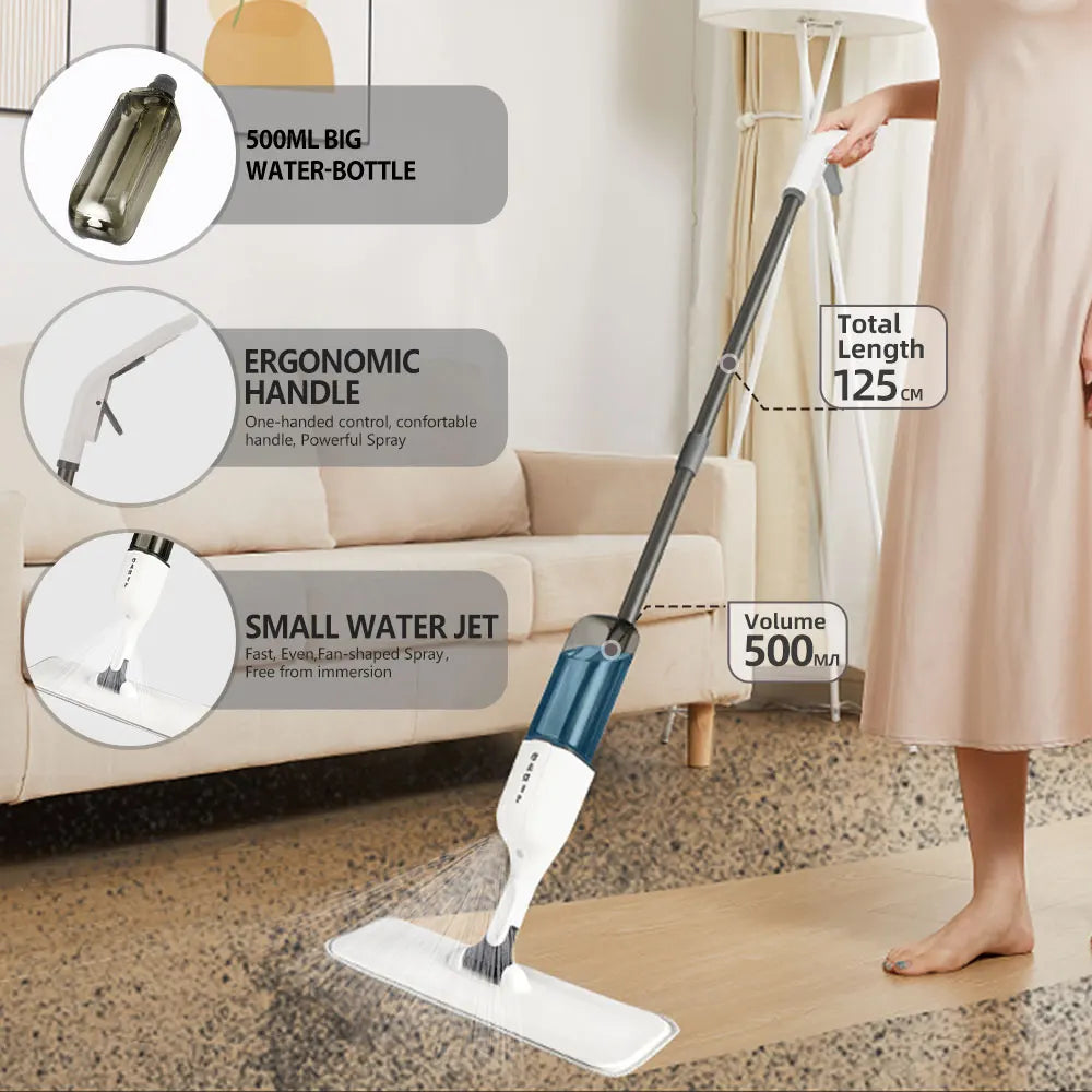 Spray Flat Mop 500ml 360 Rotating Floor Cleaner - 6 Microfiber Pads