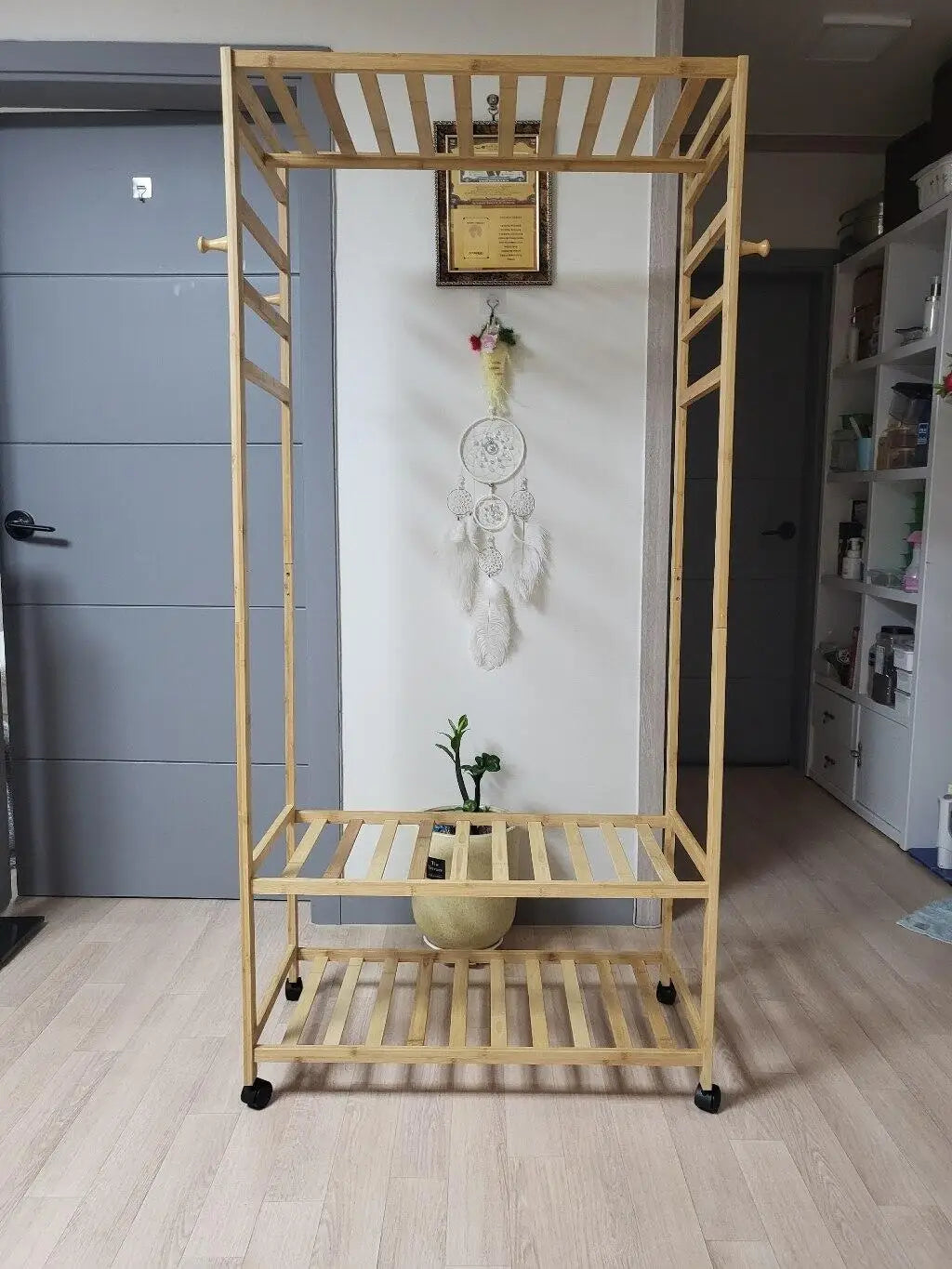 Bamboo Garment Rack with Shelves and Rolling Wheels Freestanding Clothes Hanging Organizer – Natural Wood