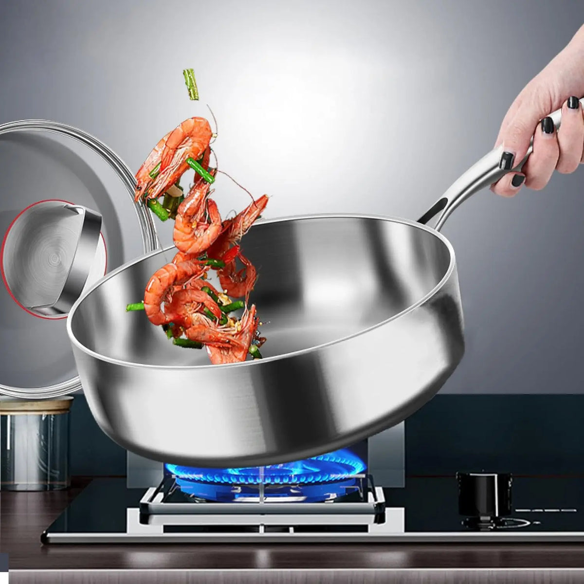 Frying Pan 20 cm 316 Stainless Steel Uncoated Skillet with Ergonomic Handle for Gas and Induction Cookers