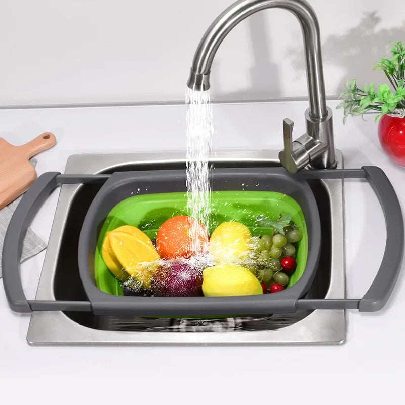Retractable Folding Kitchen Colander Basket with Extended Handle – Red