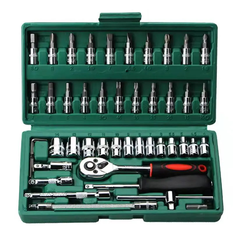 Socket Wrench Set Portable 46 Piece 1/4 Inch Ratchet Multi Function Metric Repair Tool Kit with Case