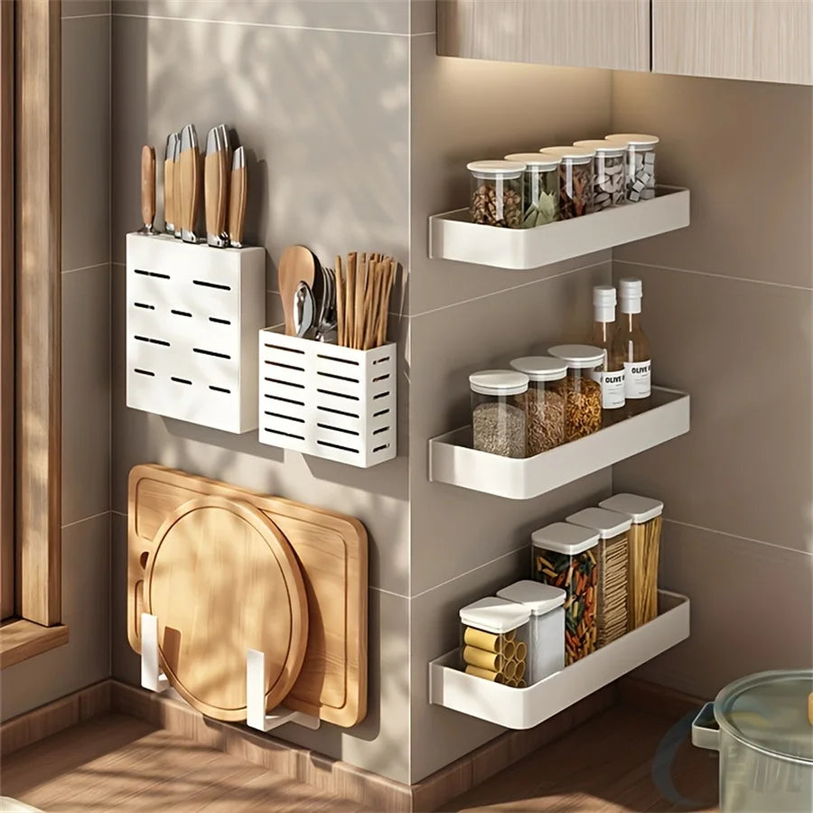 Wall Mounted Aluminum Kitchen Spice Rack with Hooks Storage Shelf Organizer – 40cm