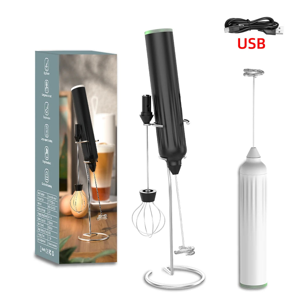 Electric Milk Frother 3-Speed USB Rechargeable Coffee Foamer Whisk Mixer with Stand – Green
