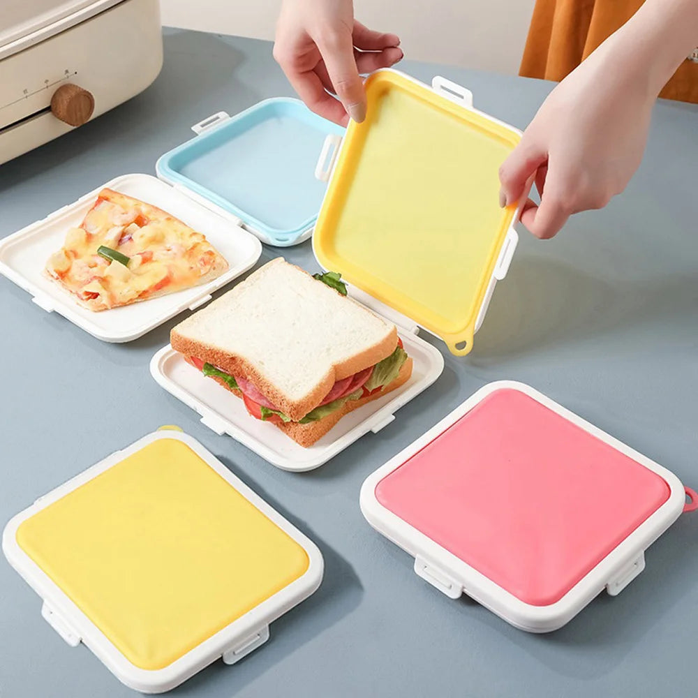 Silicone Sandwich Lunch Box Reusable Food Storage Container Microwave Safe Bento Box with Protective Lid – Pink