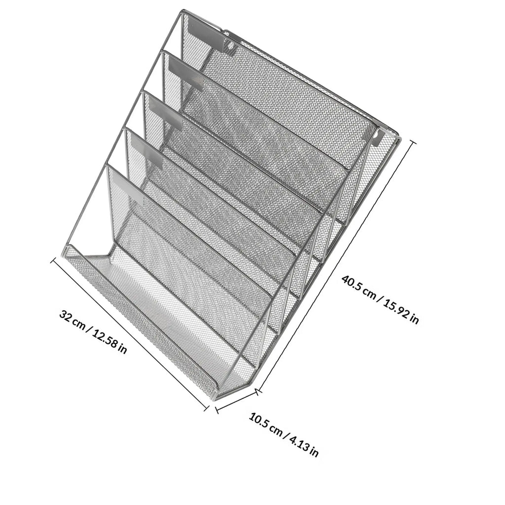 Heavy Duty Wall Mounted Iron File Rack 40.5 cm Multi Layer Document Organizer Shelf - Silver