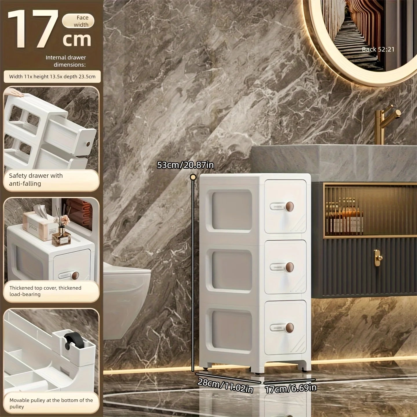 Storage Cabinet 17cm Slim 3 Tier Narrow Organizer Multi Layer Drawer Rack – White