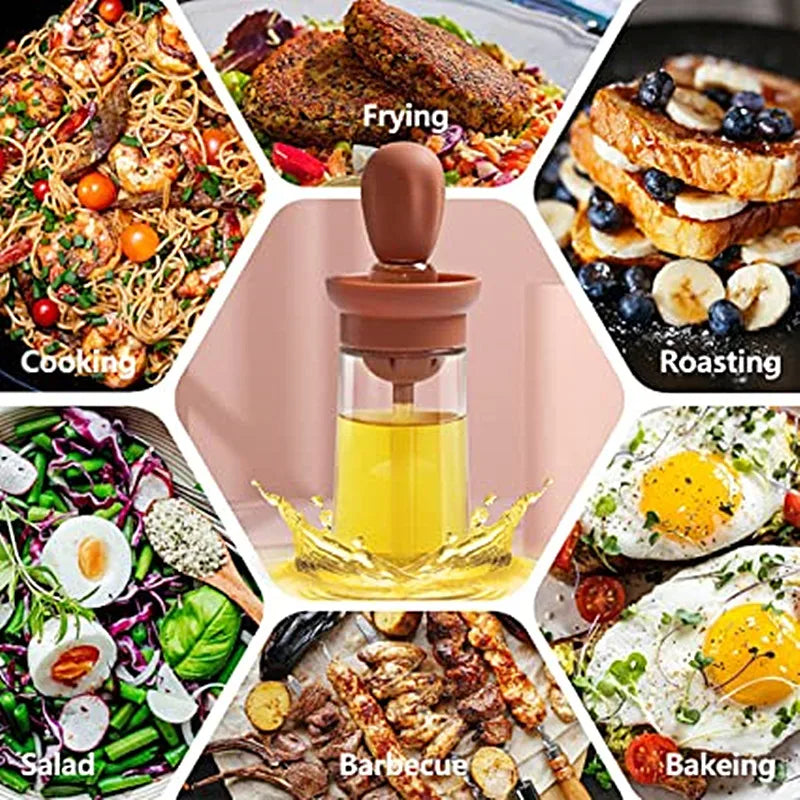 Oil Dispenser Bottle 180mL Glass Basting Brush Kitchen Cooking Vinegar Sauce Container – Red