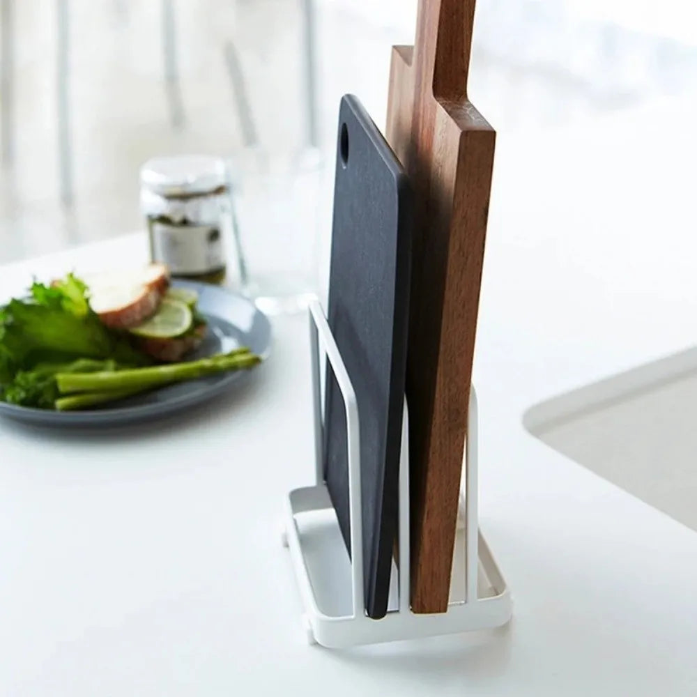Cutting Board Rack 12cm Vertical Kitchen Storage Stand with Drain Tray Reusable Organiser - White