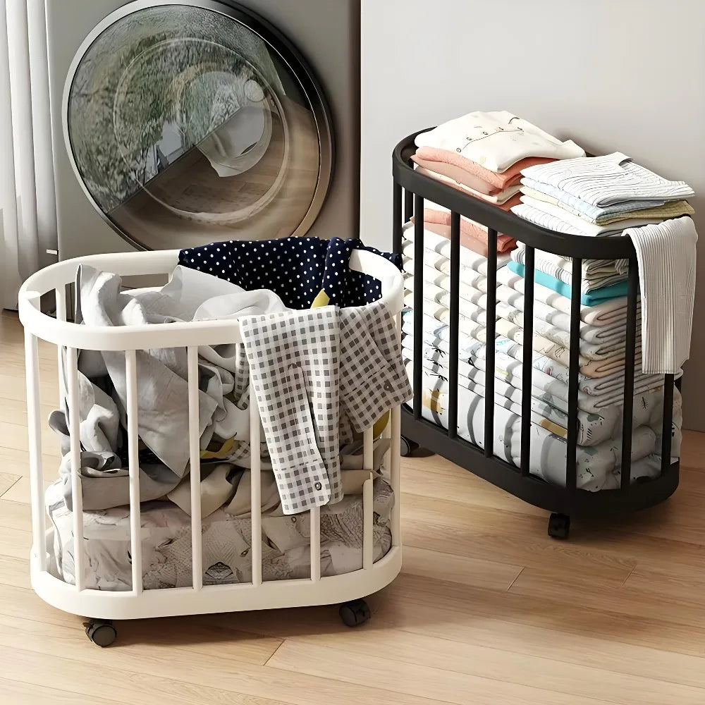 Toy and Clothes Storage Basket with Wheels Portable Organizer for Toys Sports Equipment and Laundry – White