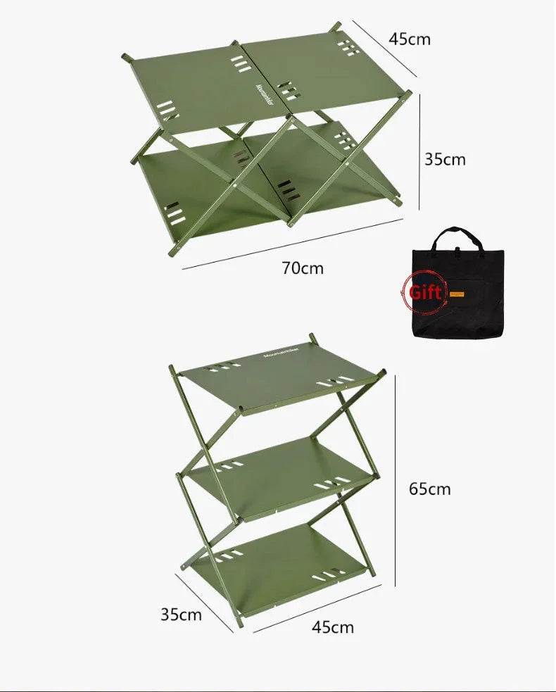 Folding 3-Tier Outdoor Storage Rack 45×35×65cm Portable Camping Shelf - Army Green