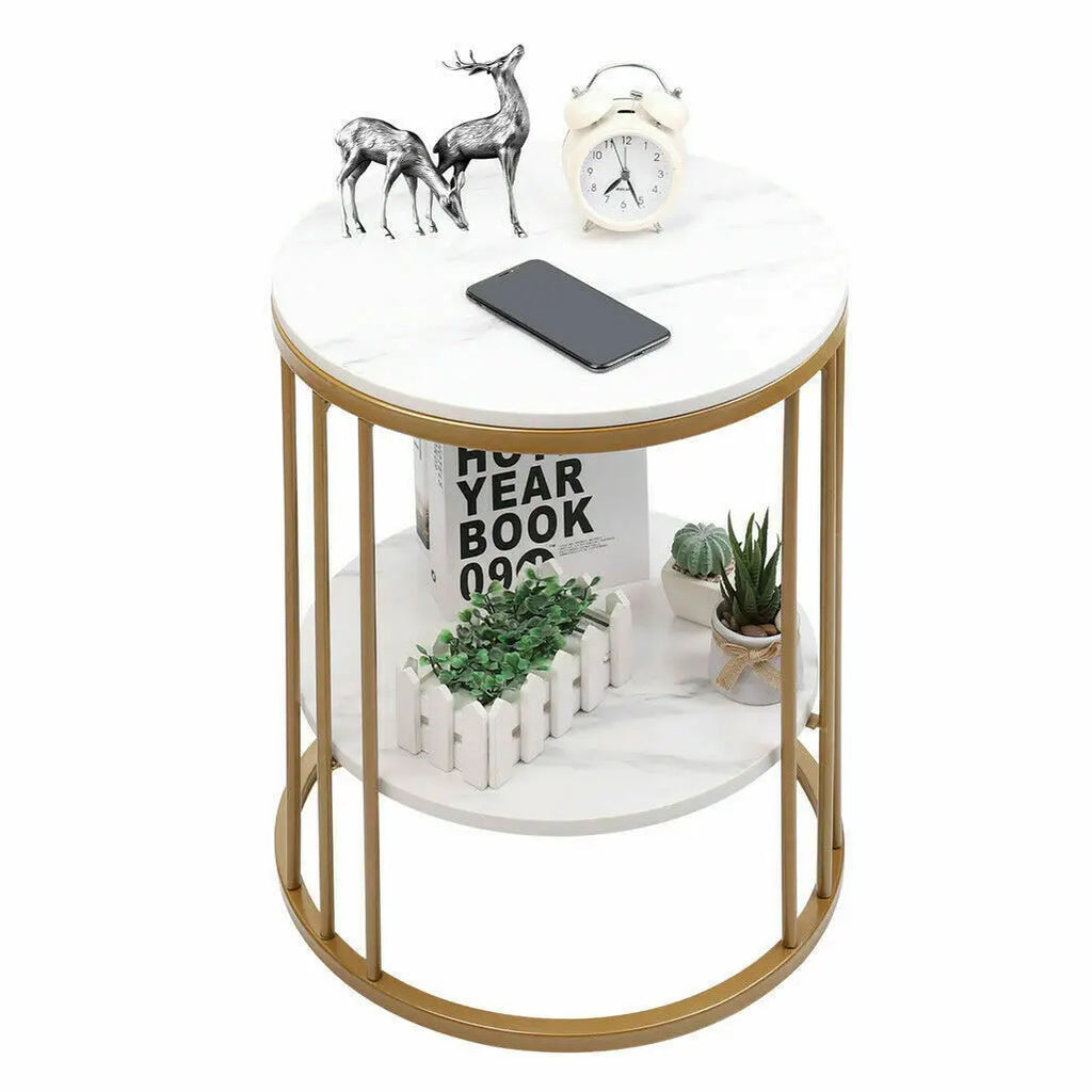 2-Tier Round Side Table with Marble-Style Top and Storage Shelf Gold and White