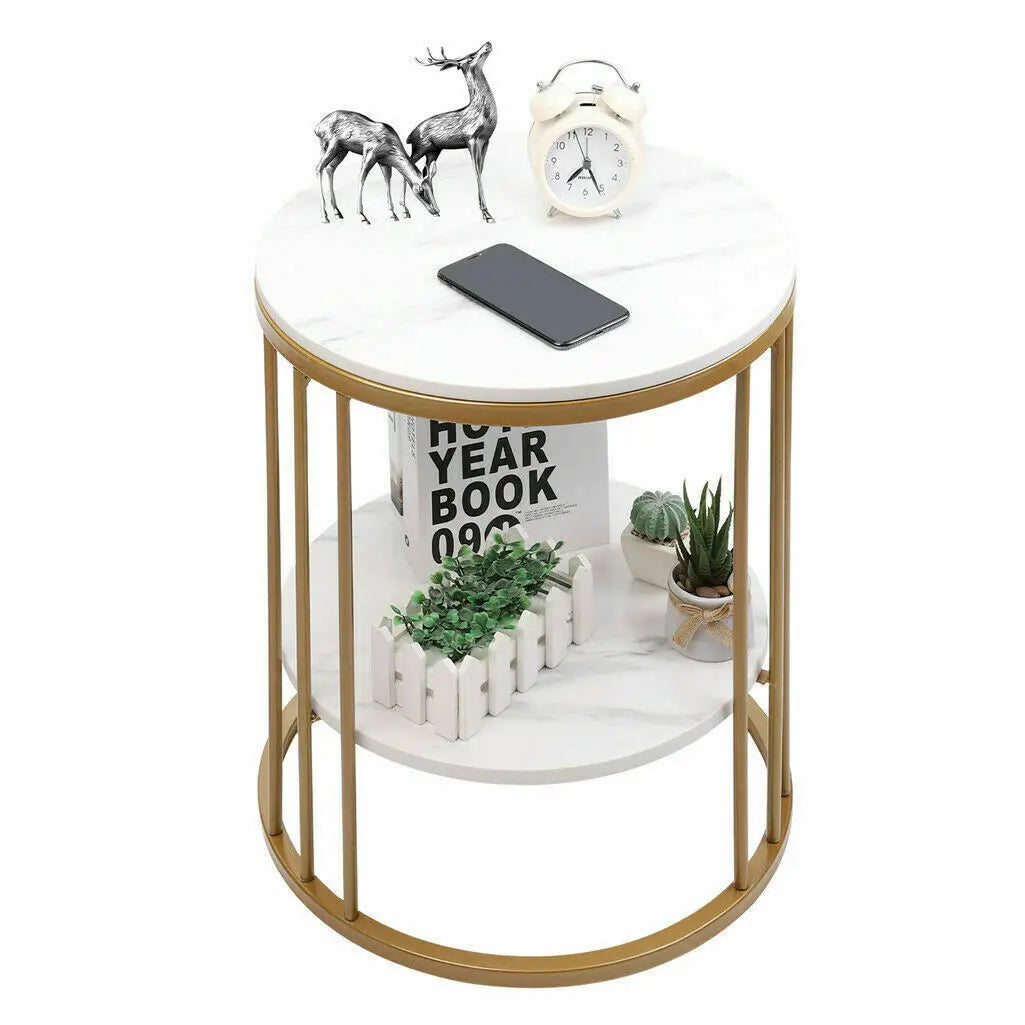 2-Tier Round Side Table with Marble-Style Top and Storage Shelf Gold and White