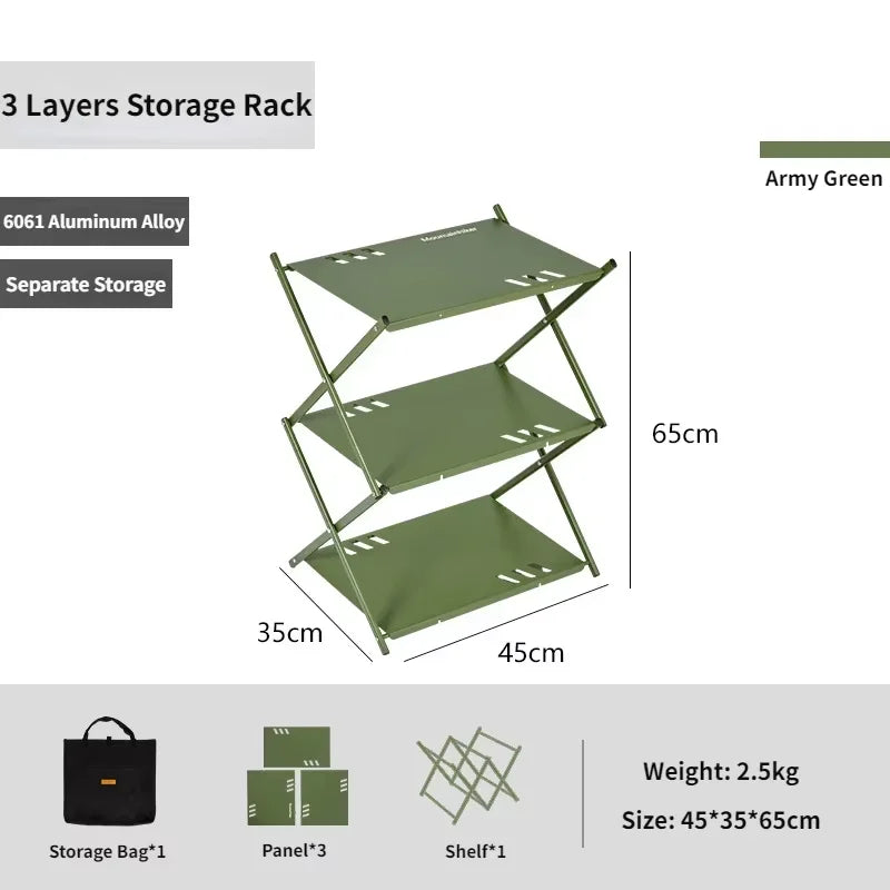 Folding 3-Tier Outdoor Storage Rack 45×35×65cm Portable Camping Shelf - Army Green