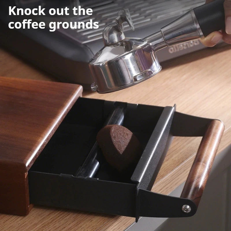 Espresso Knock Box Drawer Walnut Coffee Grounds Bin Stainless Steel - Black