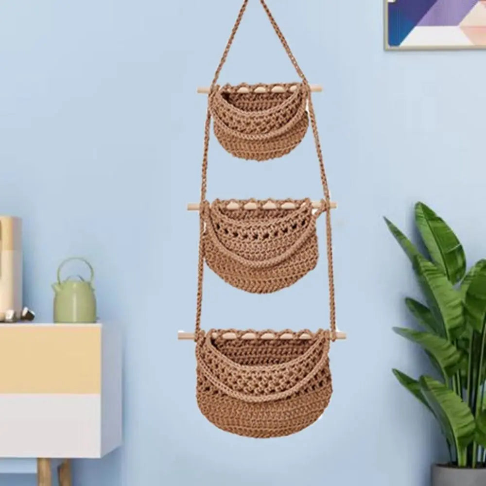 3 Tier Cotton Rope Hanging Storage Basket Wall Mounted Organizer – Beige