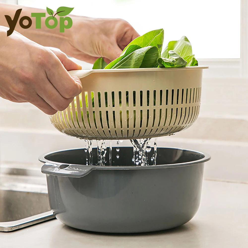 Double Layer Fruit and Vegetable Washing Basket Drain Tray – Grey