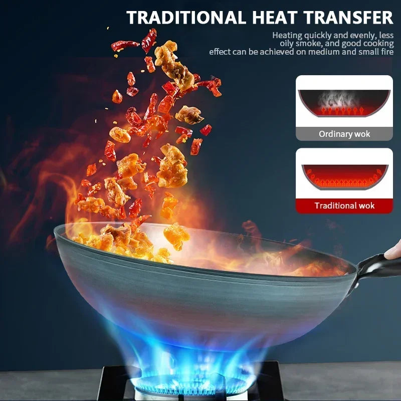 Flat Bottom Blue Iron Wok Pan 32cm Traditional Non-Coated Stir Fry Pan for Gas and Induction Cooktops