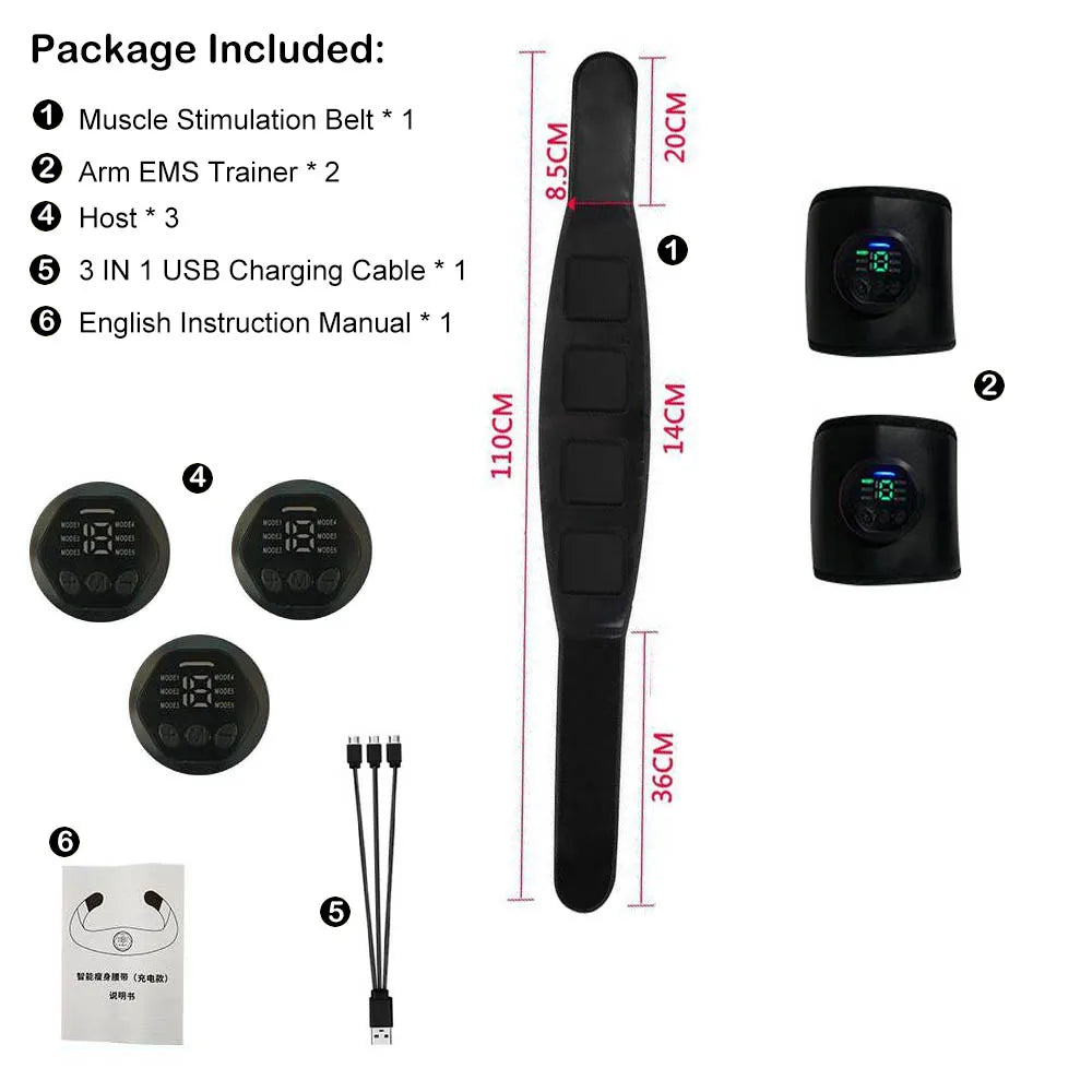 EMS Muscle Stimulator Belt Rechargeable Abdominal Trainer with 6 Modes 15 Levels - Without Extention Band