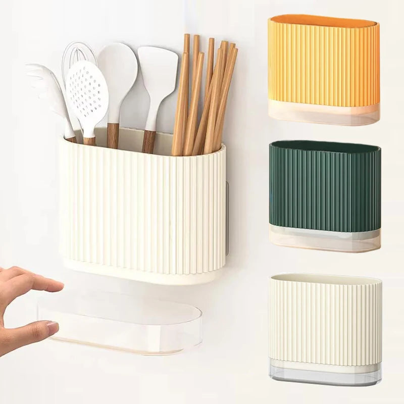 Kitchen Chopstick Holder Spoon Storage Box PP Drain Rack Wall Mounted - Orange