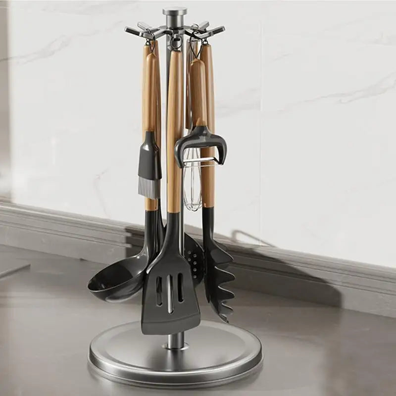 360° Rotating Kitchen Utensil Holder with 8 Hooks Countertop Cooking Tool Organizer Stand – White