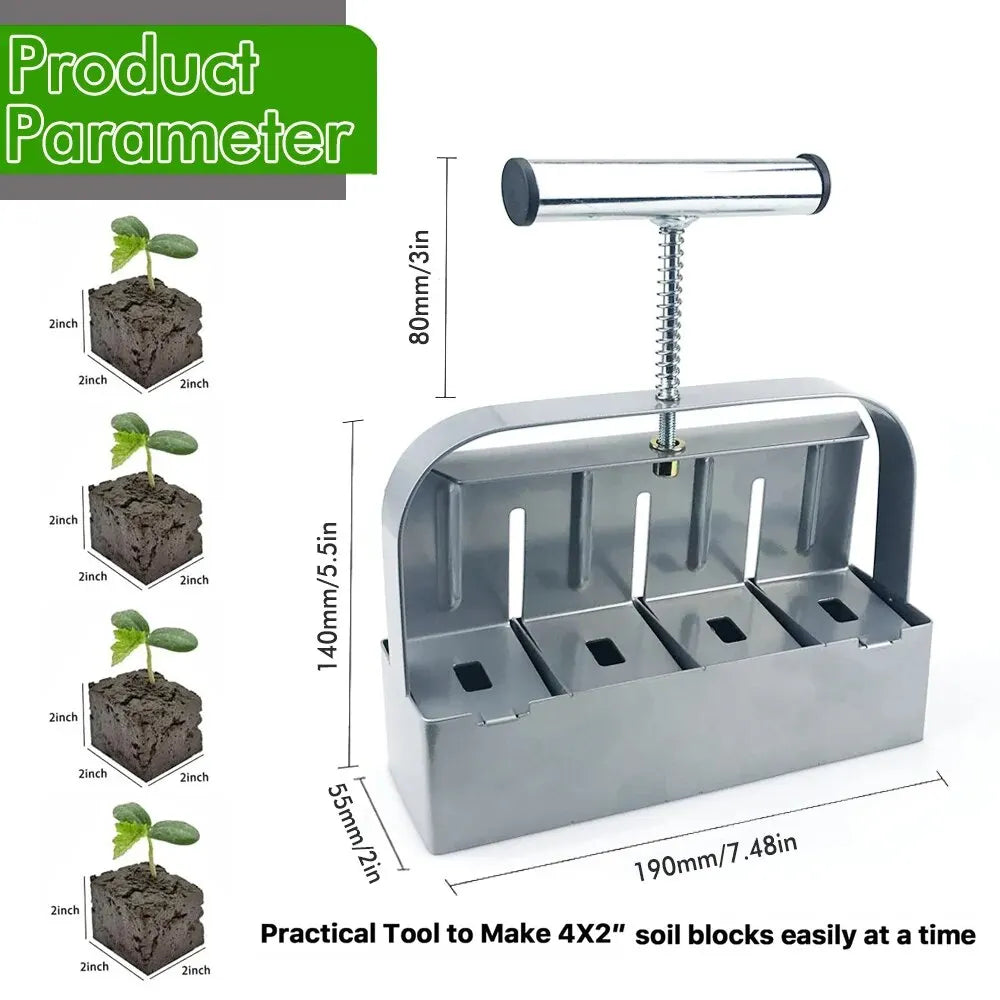 Soil Block Maker – 4-Cell Handheld 50mm Seedling Blocking Tool for Garden & Greenhouse Use