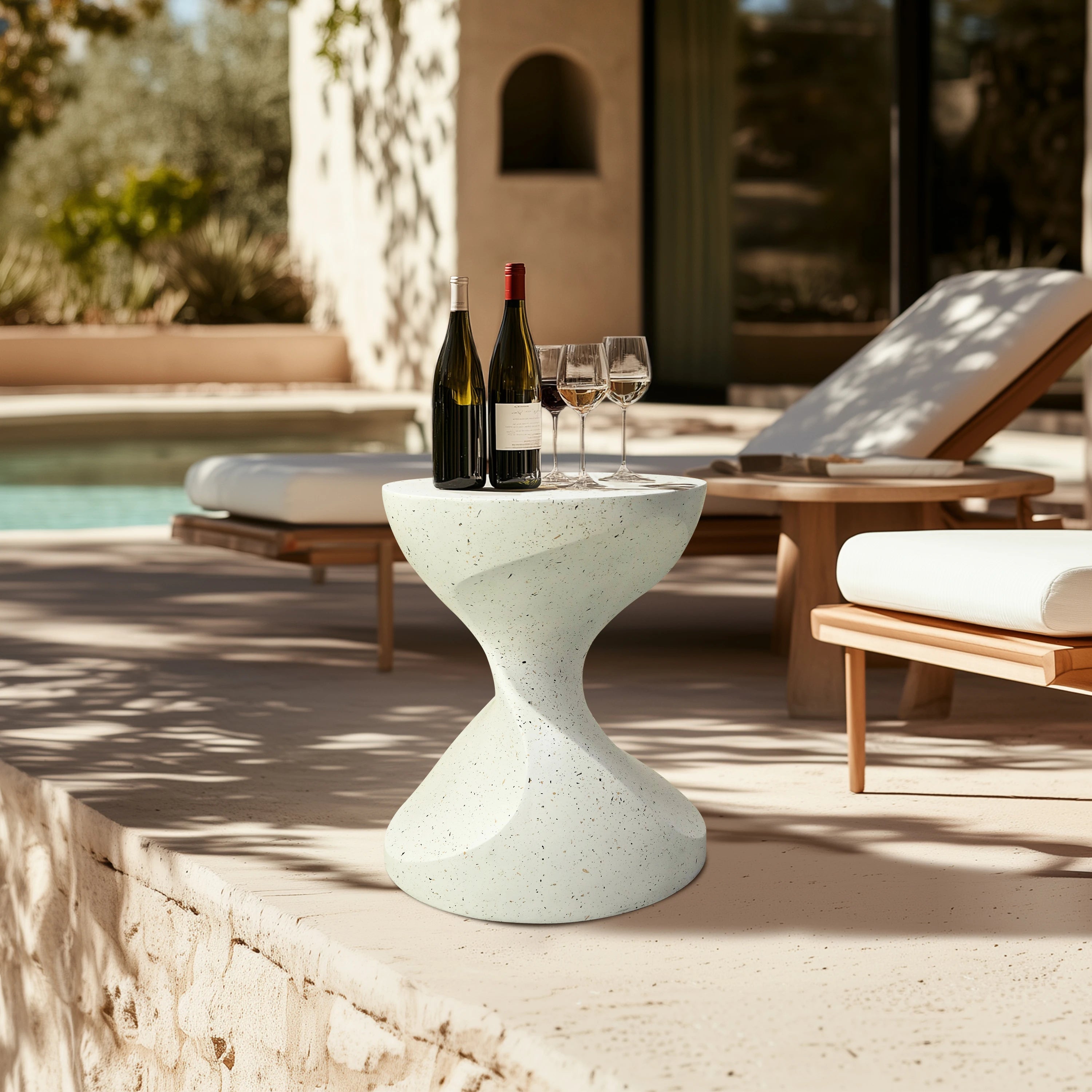 Side Table Concrete 37.5cm Hourglass Shaped Round Accent End Unit – White