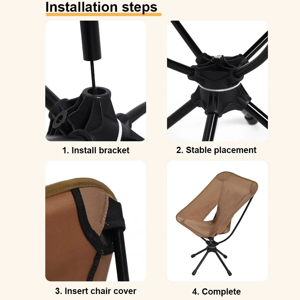 Camping Folding Chair 140kg Capacity Swivel Seat Portable Outdoor Stool – Black
