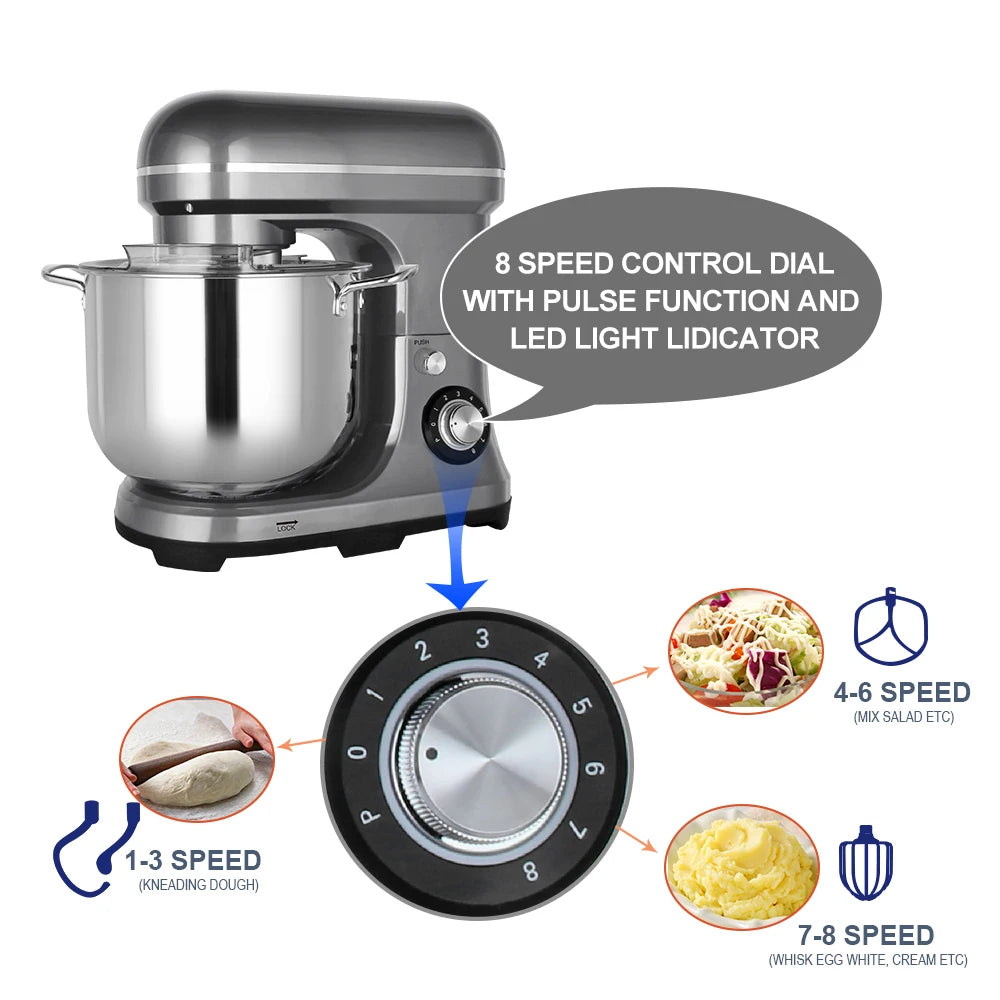 Stand Mixer 11L 2000W Planetary Dough Mixer 8 Speed Stainless Steel Bowl - Grey