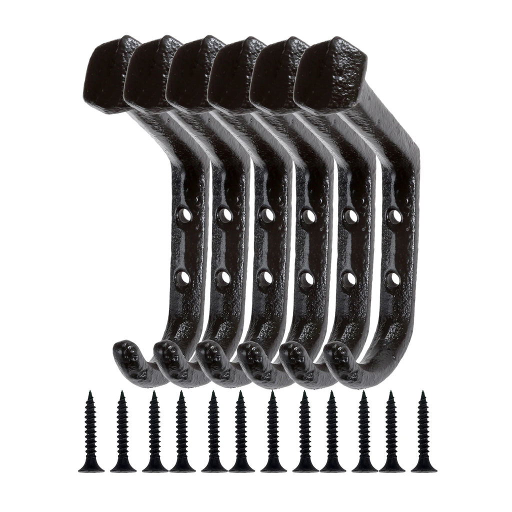 6 Pack Cast Iron Wall Hooks Heavy Duty Rustic Coat Hooks for Clothes Hats Bags and Towels – Black