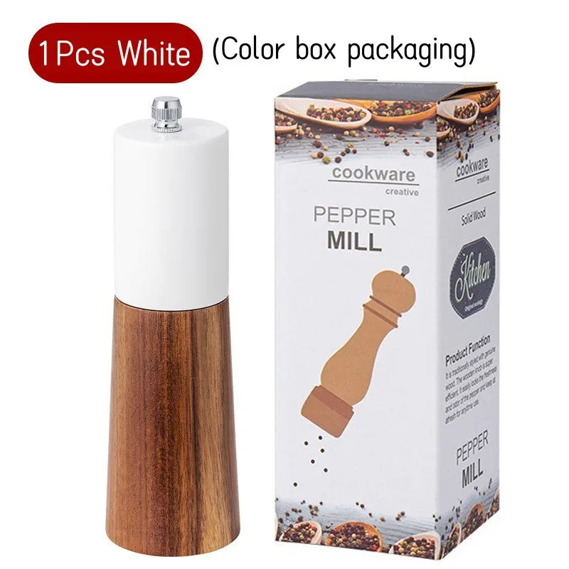 Manual Salt and Pepper Grinder Solid Wood Adjustable Ceramic Spice Mill 15cm – White