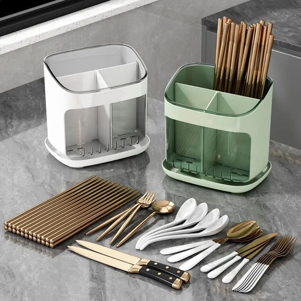 Large Capacity Chopstick Holder Cutlery Organizer with Drainage Tray and Detachable Storage Box – Green