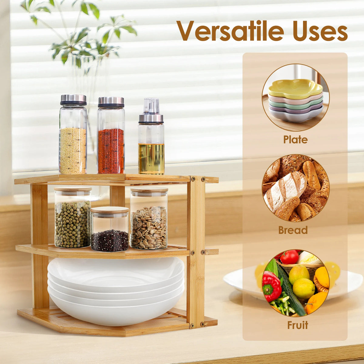Cabinet Organiser 3 Tier Bamboo Corner Storage Shelf for Kitchen Countertop
