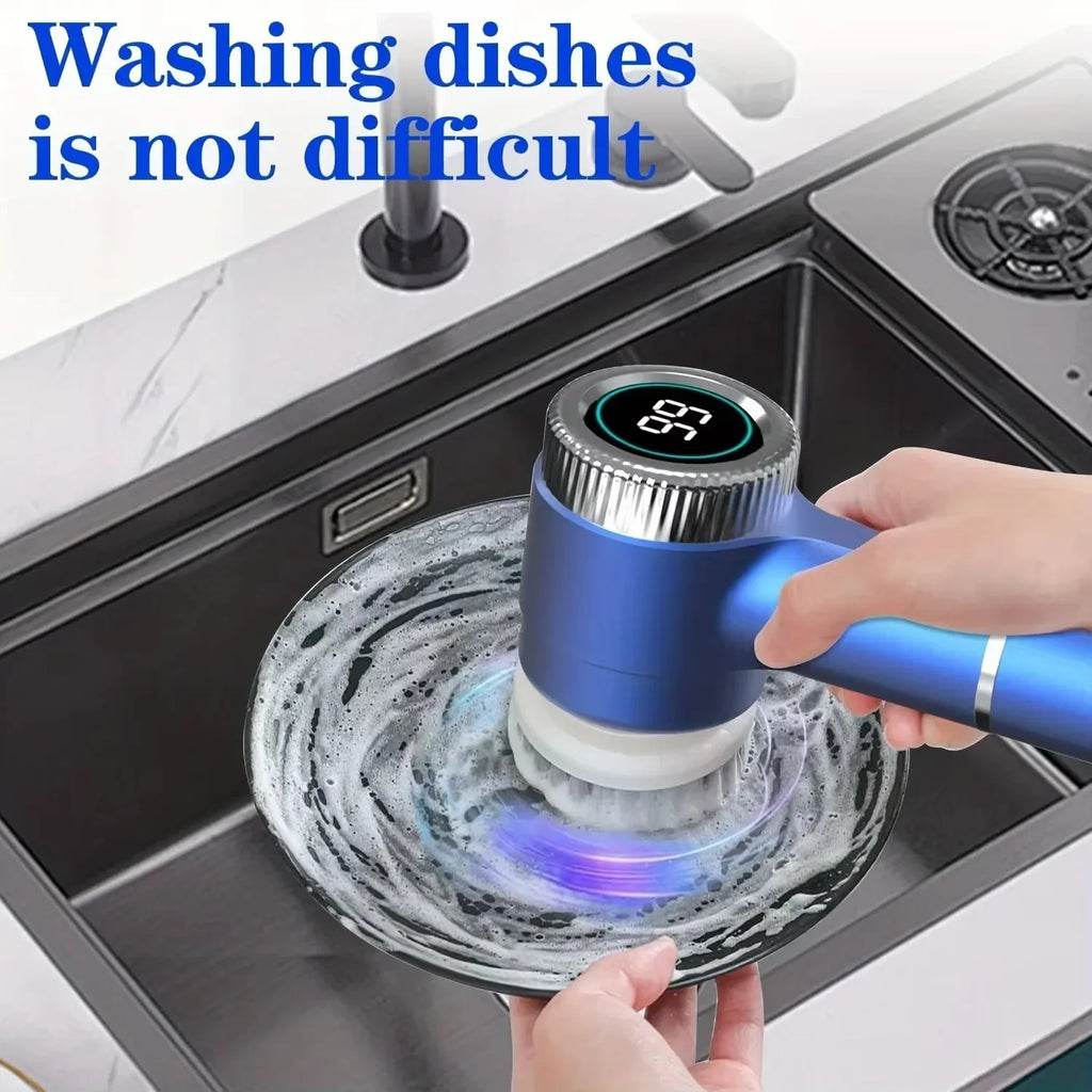 5-in-1 Electric Spin Cleaning Brush USB Rechargeable Cordless Scrubber with LED Display and 5 Brush Heads – Blue