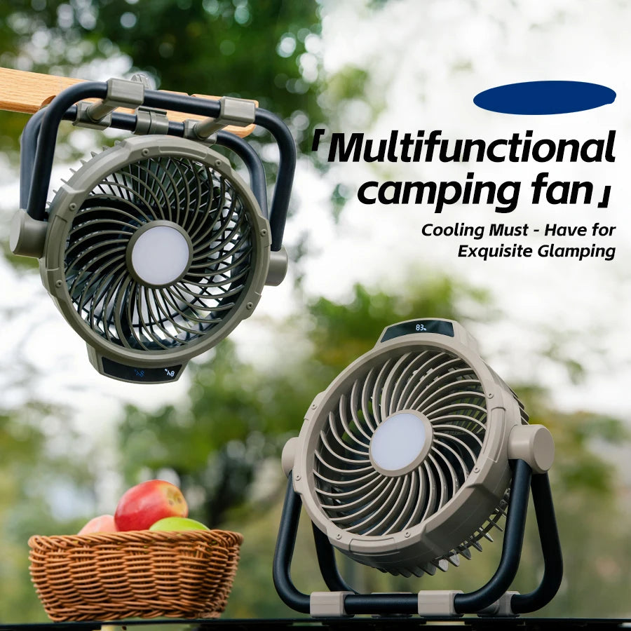 Camping Fan 10000mAh Rechargeable Portable Tent Air Circulator with LED Light – Khaki