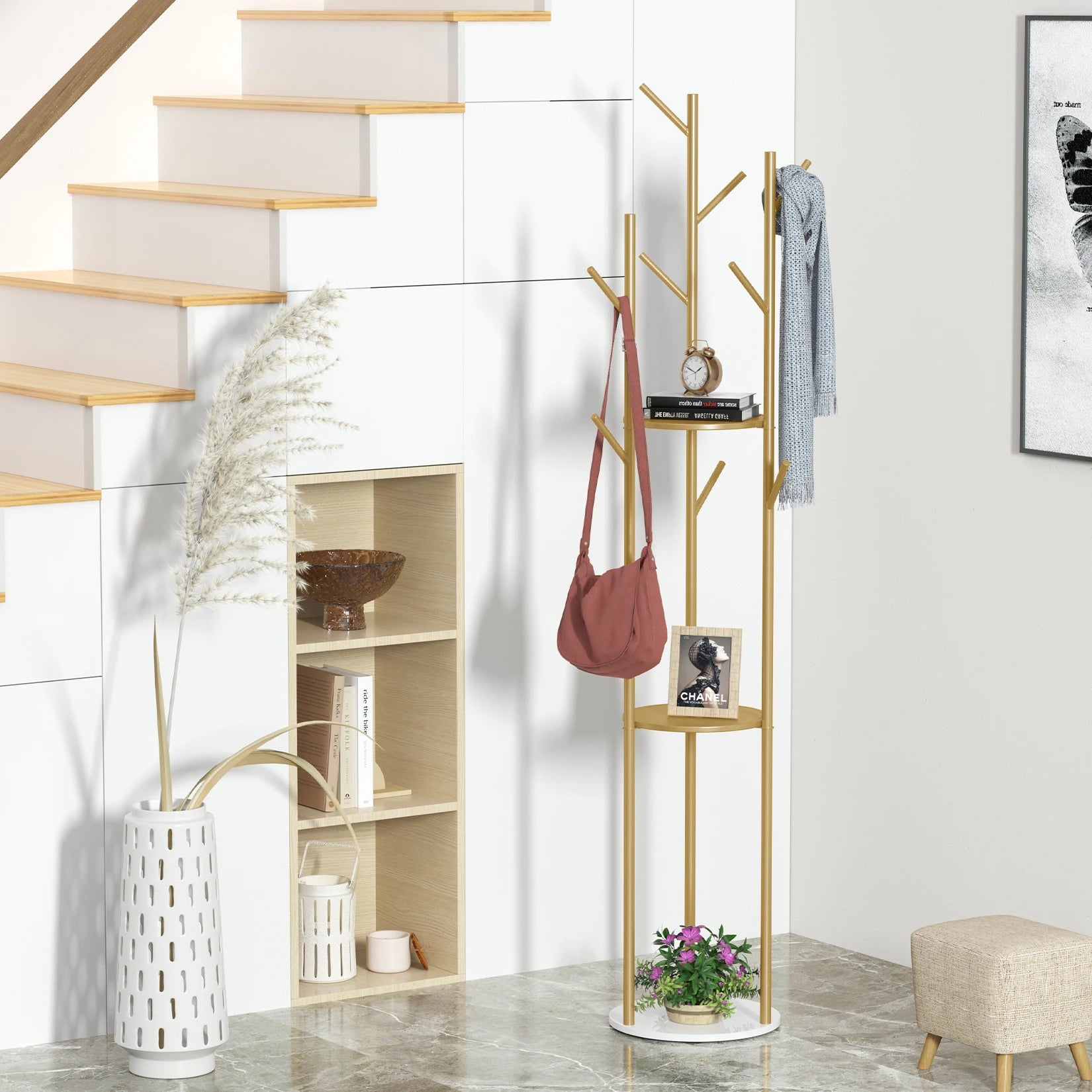 Coat Rack Stand with Shelves and 9 Hooks Freestanding Hall Tree - Gold
